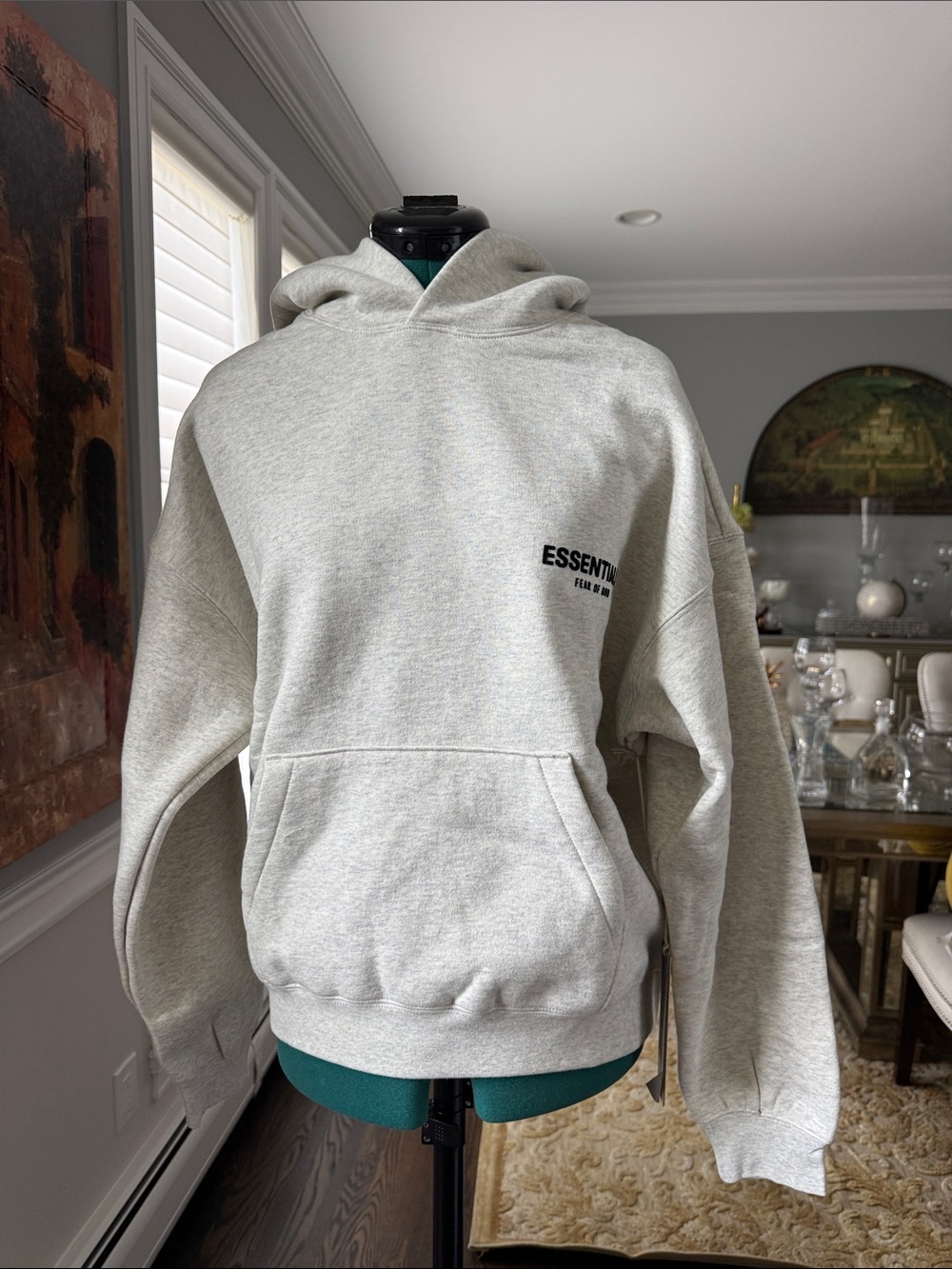Essentials Men’s Light Gray Crewneck Hoodie with Subtle Logo